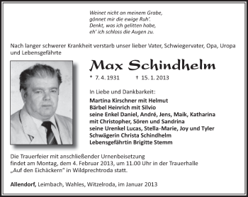 Traueranzeige von Max Schindhelm von Südthüringer Presse