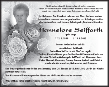 Traueranzeige von Hannelore Seiffarth von Südthüringer Presse