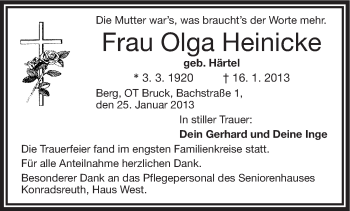 Traueranzeige von Olga Heinicke von Frankenpost