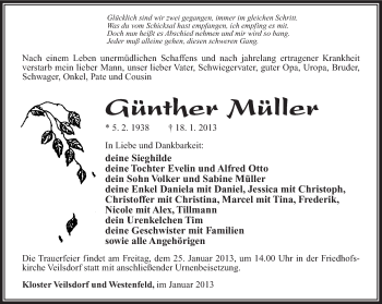 Traueranzeige von Günther Müller von Südthüringer Presse