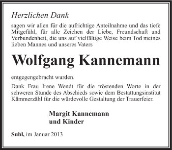 Traueranzeige von Wolfgang Kannemann von Südthüringer Presse