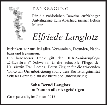 Traueranzeige von Elfriede Langlotz von Südthüringer Presse