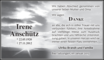 Traueranzeige von Irene Anschütz von Südthüringer Presse