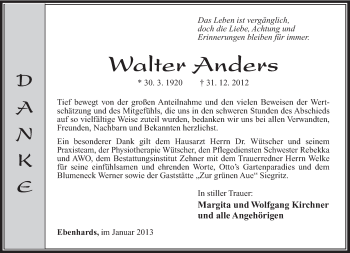 Traueranzeige von Walter Anders von Südthüringer Presse