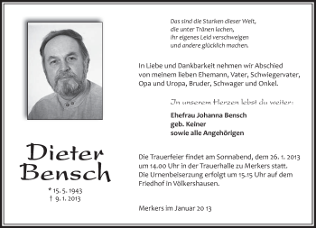 Traueranzeige von Dieter Bensch von Südthüringer Presse