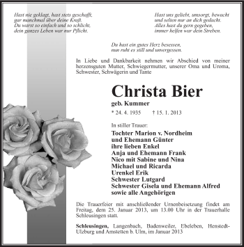 Traueranzeige von Christa Bier von Südthüringer Presse