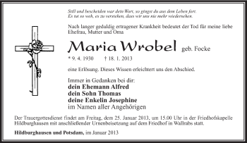 Traueranzeige von Maria Wrobel von Südthüringer Presse
