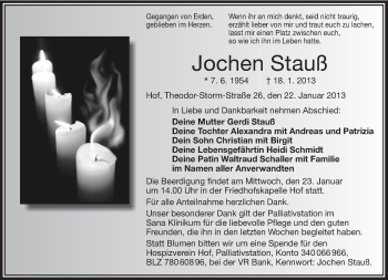 Traueranzeige von Jochen Stauß von Frankenpost