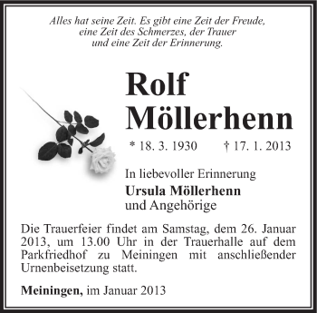 Traueranzeige von Rolf Möllerhenn von Südthüringer Presse