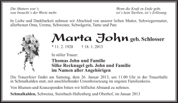Traueranzeige von Marta John von Südthüringer Presse