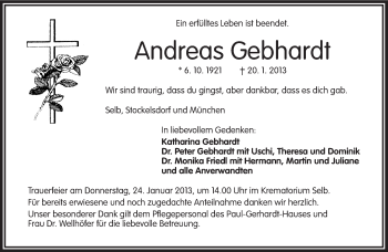 Traueranzeige von Andreas Gebhardt von Frankenpost