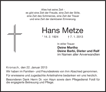 Traueranzeige von Hans Metze von Neue Presse Coburg