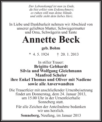 Traueranzeige von Annette Beck von Südthüringer Presse