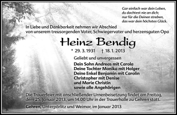 Traueranzeige von Heinz Bendig von Südthüringer Presse