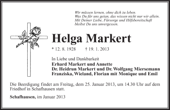 Traueranzeige von Helga Markert von Südthüringer Presse