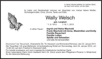 Traueranzeige von Wally Welsch von Neue Presse Coburg