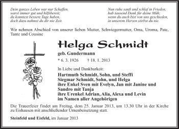 Traueranzeige von Helga Schmidt von Südthüringer Presse