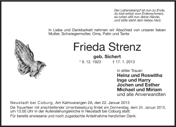 Traueranzeige von Frieda Strenz von Neue Presse Coburg