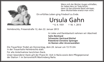 Traueranzeige von Ursula Gahn von Frankenpost