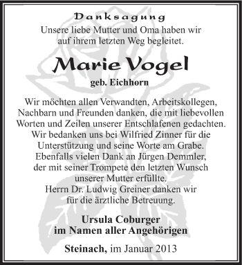 Traueranzeige von Marie Vogel von Südthüringer Presse