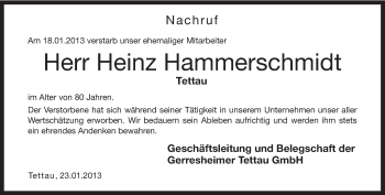 Traueranzeige von Heinz Hammerschmidt von Neue Presse Coburg