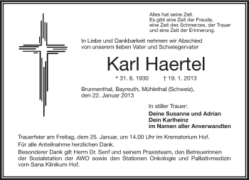 Traueranzeige von Karl Haertel von Frankenpost
