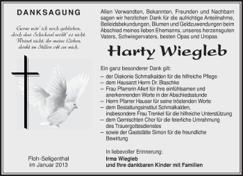 Traueranzeige von Harty Wiegleb von Südthüringer Presse