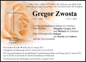 Traueranzeige von Gregor Zwosta von Neue Presse Coburg