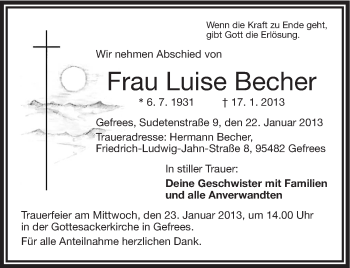 Traueranzeige von Luise Becher von Frankenpost