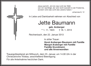 Traueranzeige von Jette Baumann von Frankenpost