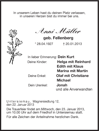 Traueranzeige von Anni Müller von Neue Presse Coburg