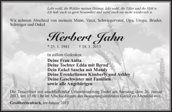 Traueranzeige von Herbert Jahn von Südthüringer Presse