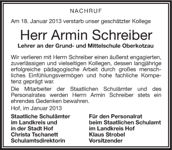 Traueranzeige von Armin Schreiber von Frankenpost