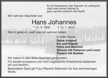 Traueranzeige von Hans Johannes von Frankenpost