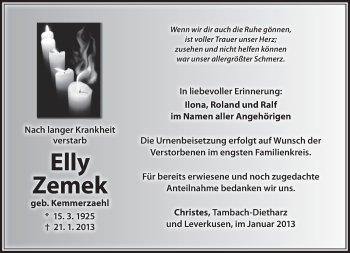 Traueranzeige von Elly Zemek von Südthüringer Presse