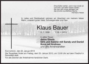 Traueranzeige von Klaus Bauer von Neue Presse Coburg