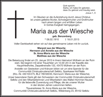 Traueranzeige von Maria aus der Wiesche von Frankenpost