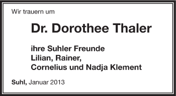 Traueranzeige von Dorothee Thaler von Südthüringer Presse