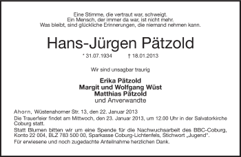 Traueranzeige von Hans-Jürgen Pätzold von Neue Presse Coburg