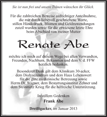 Traueranzeige von Renate Abe von Südthüringer Presse