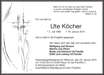 Traueranzeige von Ute Köcher von Frankenpost