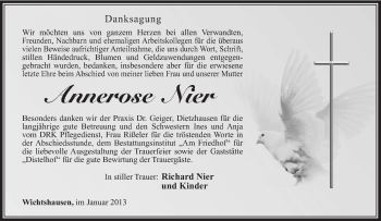 Traueranzeige von Annerose Nier von Südthüringer Presse