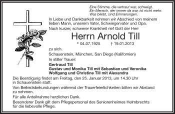 Traueranzeige von Arnold Till von Frankenpost