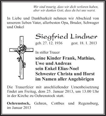 Traueranzeige von Siegfried Lindner von Südthüringer Presse