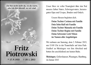 Traueranzeige von Fritz Piotrowski von Südthüringer Presse