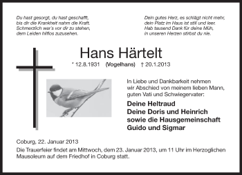 Traueranzeige von Hans Härtelt von Neue Presse Coburg