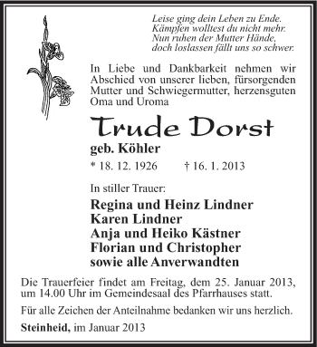 Traueranzeige von Trude Dorst von Südthüringer Presse