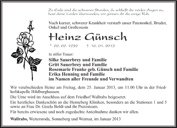 Traueranzeige von Heinz Günsch von Südthüringer Presse