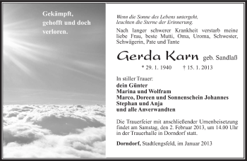Traueranzeige von Gerda Karn von Südthüringer Presse