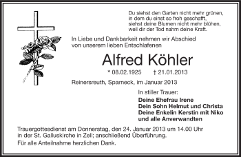 Traueranzeige von Alfred Köhler von Frankenpost